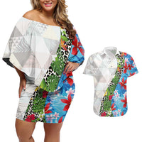 Hawaiian Tropical Flowers and Leaves Couples Matching Off Shoulder Short Dress and Hawaiian Shirt on Leopard Pattern Half Style White-Blue Version - Polynesian Pride