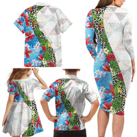 Hawaiian Tropical Flowers and Leaves Family Matching Long Sleeve Bodycon Dress and Hawaiian Shirt on Leopard Pattern Half Style White-Blue Version - Polynesian Pride