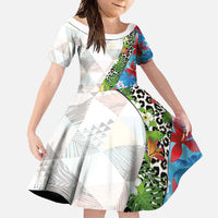Hawaiian Tropical Flowers and Leaves Family Matching Mermaid Dress and Hawaiian Shirt on Leopard Pattern Half Style White-Blue Version LT03 Daughter's Dress White - Polynesian Pride