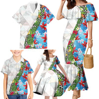 Hawaiian Tropical Flowers and Leaves Family Matching Mermaid Dress and Hawaiian Shirt on Leopard Pattern Half Style White-Blue Version LT03 - Polynesian Pride