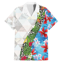 Hawaiian Tropical Flowers and Leaves Family Matching Mermaid Dress and Hawaiian Shirt on Leopard Pattern Half Style White-Blue Version LT03 Dad's Shirt - Short Sleeve White - Polynesian Pride