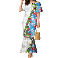 Hawaiian Tropical Flowers and Leaves Family Matching Mermaid Dress and Hawaiian Shirt on Leopard Pattern Half Style White-Blue Version LT03 Mom's Dress White - Polynesian Pride