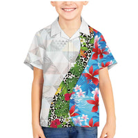 Hawaiian Tropical Flowers and Leaves Family Matching Mermaid Dress and Hawaiian Shirt on Leopard Pattern Half Style White-Blue Version LT03 Son's Shirt White - Polynesian Pride