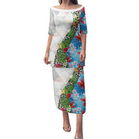 Hawaiian Tropical Flowers and Leaves Family Matching Puletasi and Hawaiian Shirt on Leopard Pattern Half Style White-Blue Version LT03 Mom's Dress White - Polynesian Pride