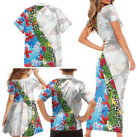 Hawaiian Tropical Flowers and Leaves Family Matching Short Sleeve Bodycon Dress and Hawaiian Shirt on Leopard Pattern Half Style White-Blue Version - Polynesian Pride