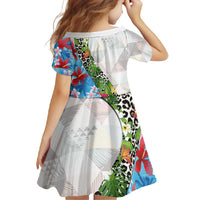 Hawaiian Tropical Flowers and Leaves Family Matching Summer Maxi Dress and Hawaiian Shirt on Leopard Pattern Half Style White-Blue Version LT03 - Polynesian Pride