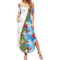 Hawaiian Tropical Flowers and Leaves Family Matching Summer Maxi Dress and Hawaiian Shirt on Leopard Pattern Half Style White-Blue Version LT03 Mom's Dress White - Polynesian Pride