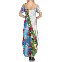Hawaiian Tropical Flowers and Leaves Family Matching Summer Maxi Dress and Hawaiian Shirt on Leopard Pattern Half Style White-Blue Version LT03 - Polynesian Pride