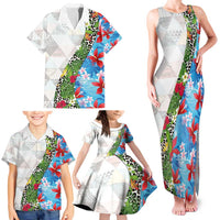 Hawaiian Tropical Flowers and Leaves Family Matching Tank Maxi Dress and Hawaiian Shirt on Leopard Pattern Half Style White-Blue Version LT03 - Polynesian Pride