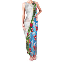 Hawaiian Tropical Flowers and Leaves Family Matching Tank Maxi Dress and Hawaiian Shirt on Leopard Pattern Half Style White-Blue Version LT03 Mom's Dress White - Polynesian Pride