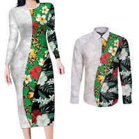 Hawaiian Tropical Flowers and Leaves Couples Matching Long Sleeve Bodycon Dress and Long Sleeve Button Shirt on Leopard Pattern Half Style White-Black Version - Polynesian Pride