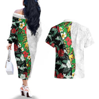 Hawaiian Tropical Flowers and Leaves Couples Matching Off The Shoulder Long Sleeve Dress and Hawaiian Shirt on Leopard Pattern Half Style White-Black Version - Polynesian Pride