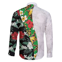 Hawaiian Tropical Flowers and Leaves Family Matching Long Sleeve Bodycon Dress and Hawaiian Shirt on Leopard Pattern Half Style White-Black Version - Polynesian Pride