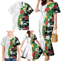 Hawaiian Tropical Flowers and Leaves Family Matching Mermaid Dress and Hawaiian Shirt on Leopard Pattern Half Style White-Black Version LT03 - Polynesian Pride