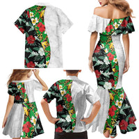 Hawaiian Tropical Flowers and Leaves Family Matching Mermaid Dress and Hawaiian Shirt on Leopard Pattern Half Style White-Black Version LT03 - Polynesian Pride