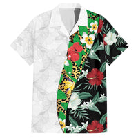 Hawaiian Tropical Flowers and Leaves Family Matching Off The Shoulder Long Sleeve Dress and Hawaiian Shirt on Leopard Pattern Half Style White-Black Version - Polynesian Pride