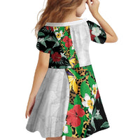 Hawaiian Tropical Flowers and Leaves Family Matching Off Shoulder Maxi Dress and Hawaiian Shirt on Leopard Pattern Half Style White-Black Version LT03 - Polynesian Pride
