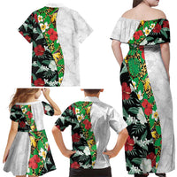 Hawaiian Tropical Flowers and Leaves Family Matching Off Shoulder Maxi Dress and Hawaiian Shirt on Leopard Pattern Half Style White-Black Version LT03 - Polynesian Pride