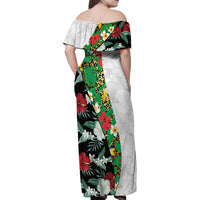Hawaiian Tropical Flowers and Leaves Family Matching Off Shoulder Maxi Dress and Hawaiian Shirt on Leopard Pattern Half Style White-Black Version LT03 - Polynesian Pride