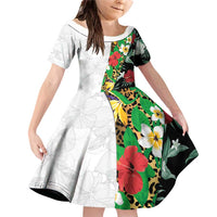 Hawaiian Tropical Flowers and Leaves Family Matching Off Shoulder Short Dress and Hawaiian Shirt on Leopard Pattern Half Style White-Black Version LT03 Daughter's Dress White - Polynesian Pride