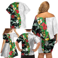 Hawaiian Tropical Flowers and Leaves Family Matching Off Shoulder Short Dress and Hawaiian Shirt on Leopard Pattern Half Style White-Black Version LT03 - Polynesian Pride
