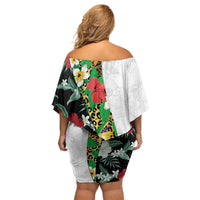 Hawaiian Tropical Flowers and Leaves Family Matching Off Shoulder Short Dress and Hawaiian Shirt on Leopard Pattern Half Style White-Black Version LT03 - Polynesian Pride