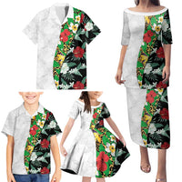 Hawaiian Tropical Flowers and Leaves Family Matching Puletasi and Hawaiian Shirt on Leopard Pattern Half Style White-Black Version LT03 - Polynesian Pride