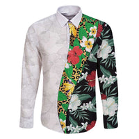 Hawaiian Tropical Flowers and Leaves Family Matching Puletasi and Hawaiian Shirt on Leopard Pattern Half Style White-Black Version LT03 Dad's Shirt - Long Sleeve White - Polynesian Pride