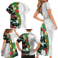 Hawaiian Tropical Flowers and Leaves Family Matching Short Sleeve Bodycon Dress and Hawaiian Shirt on Leopard Pattern Half Style White-Black Version - Polynesian Pride