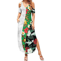 Hawaiian Tropical Flowers and Leaves Family Matching Summer Maxi Dress and Hawaiian Shirt on Leopard Pattern Half Style White-Black Version LT03 Mom's Dress White - Polynesian Pride