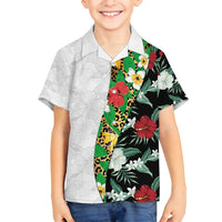 Hawaiian Tropical Flowers and Leaves Family Matching Summer Maxi Dress and Hawaiian Shirt on Leopard Pattern Half Style White-Black Version LT03 Son's Shirt White - Polynesian Pride