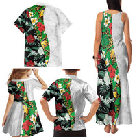 Hawaiian Tropical Flowers and Leaves Family Matching Tank Maxi Dress and Hawaiian Shirt on Leopard Pattern Half Style White-Black Version LT03 - Polynesian Pride