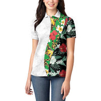 Hawaiian Tropical Flowers and Leaves Women Polo Shirt on Leopard Pattern Half Style White-Black Version - Polynesian Pride