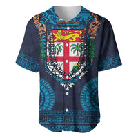 Fiji Coat of Arms Traditional Dashiki Baseball Jersey Tapa Art and Palm Leaves Pattern Dark Navy Color LT03 Navy - Polynesian Pride