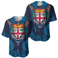 Fiji Coat of Arms Traditional Dashiki Baseball Jersey Tapa Art and Palm Leaves Pattern Dark Navy Color LT03 - Polynesian Pride