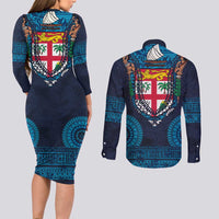 Fiji Coat of Arms Traditional Dashiki Couples Matching Long Sleeve Bodycon Dress and Long Sleeve Button Shirt Tapa Art and Palm Leaves Pattern Dark Navy Color LT03 - Polynesian Pride