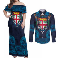 Fiji Coat of Arms Traditional Dashiki Couples Matching Off Shoulder Maxi Dress and Long Sleeve Button Shirt Tapa Art and Palm Leaves Pattern Dark Navy Color LT03 Navy - Polynesian Pride