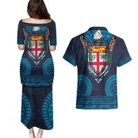 Fiji Coat of Arms Traditional Dashiki Couples Matching Puletasi and Hawaiian Shirt Tapa Art and Palm Leaves Pattern Dark Navy Color LT03 - Polynesian Pride