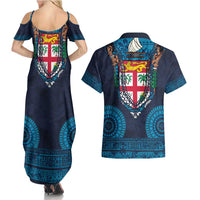 Fiji Coat of Arms Traditional Dashiki Couples Matching Summer Maxi Dress and Hawaiian Shirt Tapa Art and Palm Leaves Pattern Dark Navy Color LT03 - Polynesian Pride