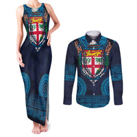 Fiji Coat of Arms Traditional Dashiki Couples Matching Tank Maxi Dress and Long Sleeve Button Shirt Tapa Art and Palm Leaves Pattern Dark Navy Color LT03 Navy - Polynesian Pride