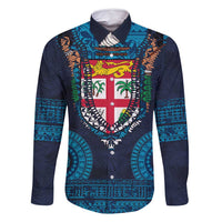 Fiji Coat of Arms Traditional Dashiki Family Matching Long Sleeve Bodycon Dress and Hawaiian Shirt Tapa Art and Palm Leaves Pattern Dark Navy Color LT03 Dad's Shirt - Long Sleeve Navy - Polynesian Pride