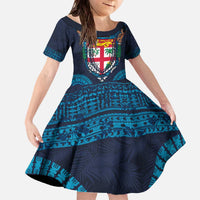 Fiji Coat of Arms Traditional Dashiki Family Matching Off The Shoulder Long Sleeve Dress and Hawaiian Shirt Tapa Art and Palm Leaves Pattern Dark Navy Color LT03 Daughter's Dress Navy - Polynesian Pride