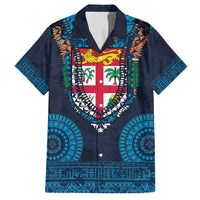 Fiji Coat of Arms Traditional Dashiki Family Matching Off The Shoulder Long Sleeve Dress and Hawaiian Shirt Tapa Art and Palm Leaves Pattern Dark Navy Color LT03 Dad's Shirt - Short Sleeve Navy - Polynesian Pride