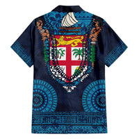Fiji Coat of Arms Traditional Dashiki Family Matching Off The Shoulder Long Sleeve Dress and Hawaiian Shirt Tapa Art and Palm Leaves Pattern Dark Navy Color LT03 - Polynesian Pride