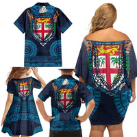 Fiji Coat of Arms Traditional Dashiki Family Matching Off Shoulder Short Dress and Hawaiian Shirt Tapa Art and Palm Leaves Pattern Dark Navy Color LT03 - Polynesian Pride