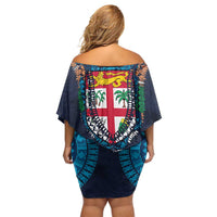 Fiji Coat of Arms Traditional Dashiki Family Matching Off Shoulder Short Dress and Hawaiian Shirt Tapa Art and Palm Leaves Pattern Dark Navy Color LT03 - Polynesian Pride