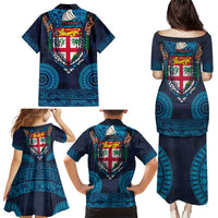 Fiji Coat of Arms Traditional Dashiki Family Matching Puletasi and Hawaiian Shirt Tapa Art and Palm Leaves Pattern Dark Navy Color LT03 - Polynesian Pride