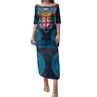 Fiji Coat of Arms Traditional Dashiki Family Matching Puletasi and Hawaiian Shirt Tapa Art and Palm Leaves Pattern Dark Navy Color LT03 Mom's Dress Navy - Polynesian Pride