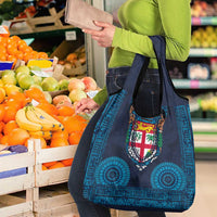 Fiji Coat of Arms Traditional Dashiki Grocery Bag Tapa Art and Palm Leaves Pattern Dark Navy Color LT03 - Polynesian Pride