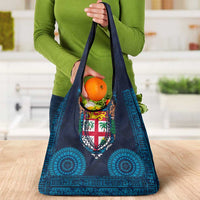 Fiji Coat of Arms Traditional Dashiki Grocery Bag Tapa Art and Palm Leaves Pattern Dark Navy Color LT03 - Polynesian Pride